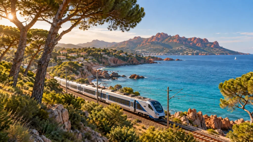 Regional train running along the Mediterranean coast facing the red Esterel massif