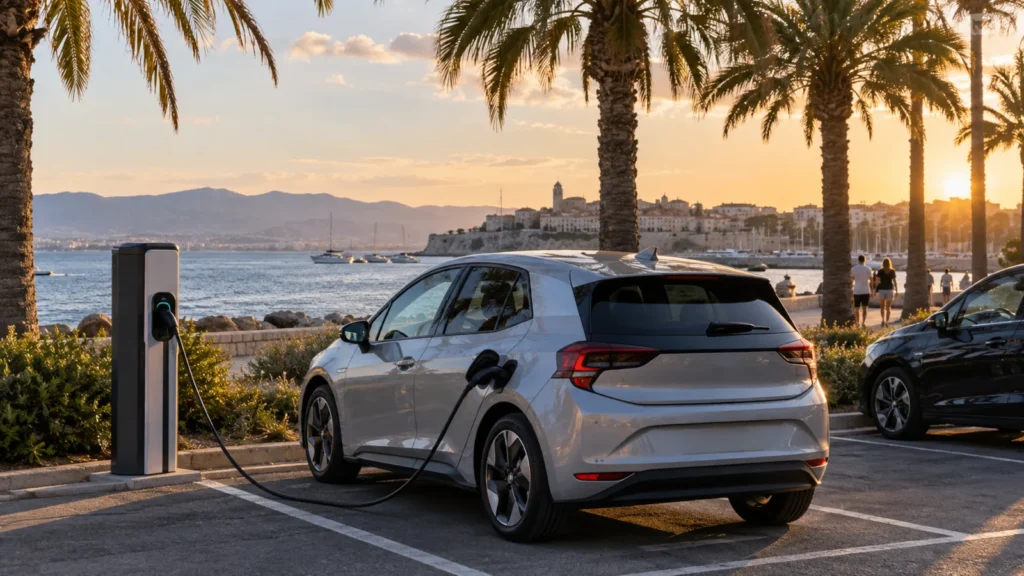 Electric car charging at a public station in a palm-lined car park by the sea