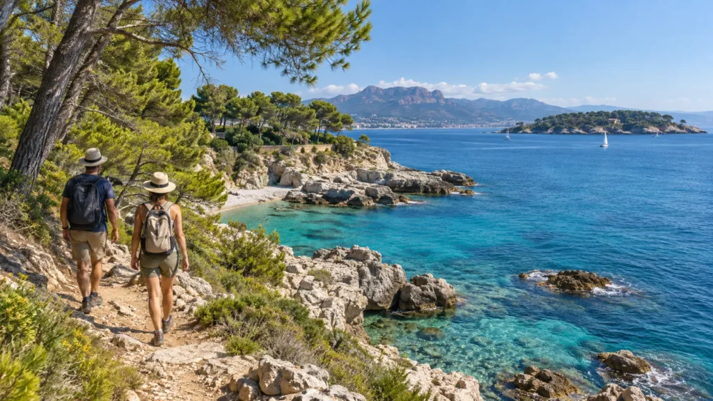 Two hikers on a rocky coastal path by a turquoise sea on Cap d’Antibes