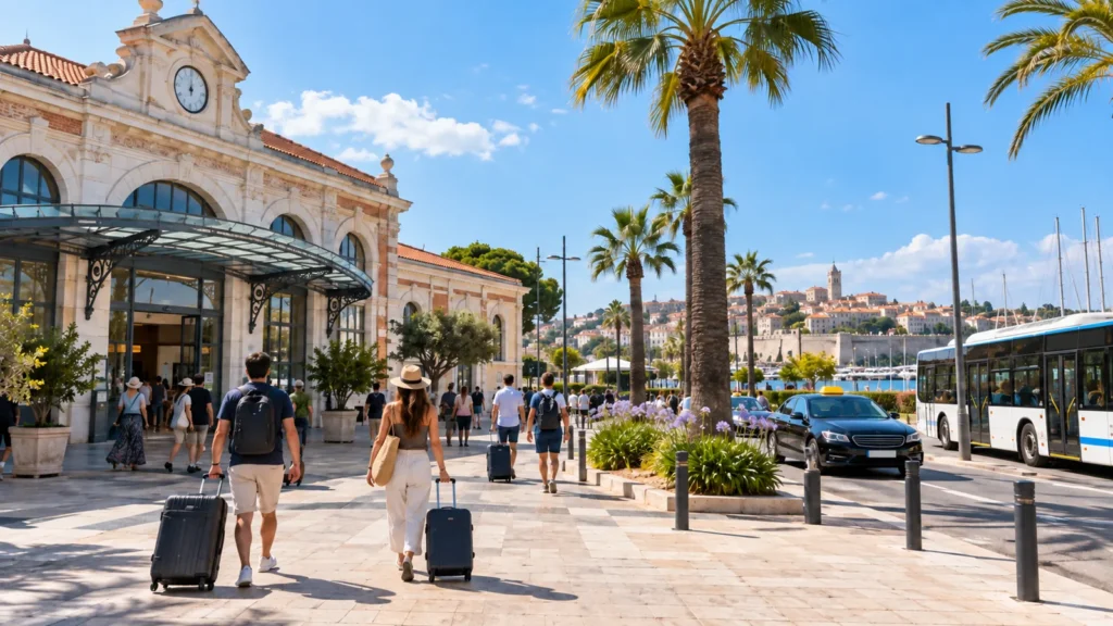 Travelers with suitcases on the forecourt of a Belle Époque-style station, palm trees and a bus