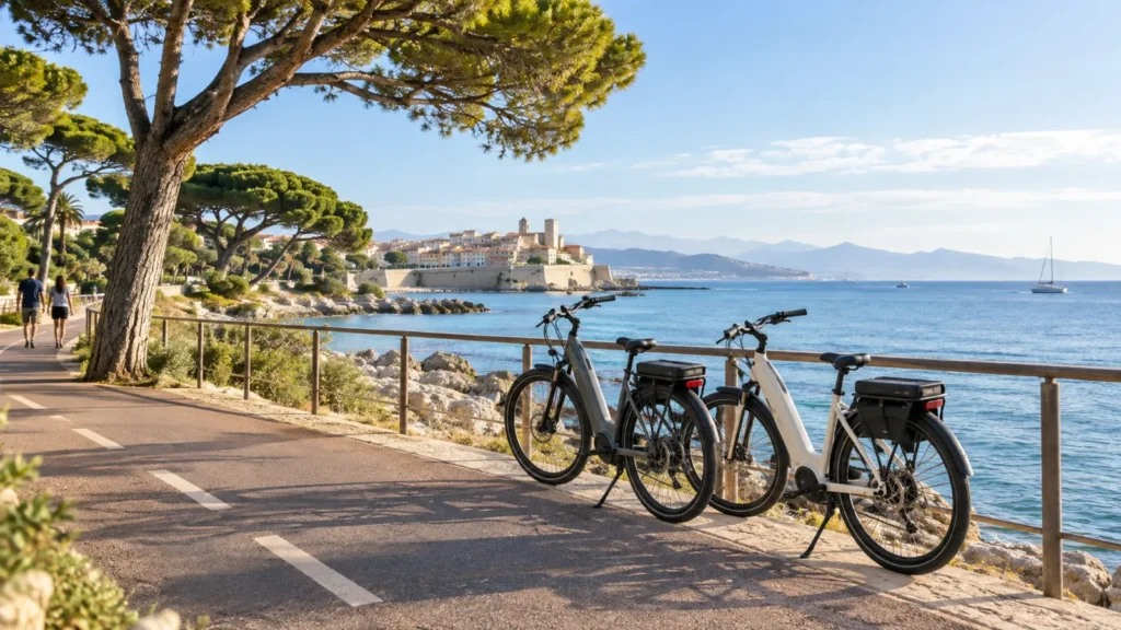 Two electric bikes parked beside a seafront cycle path
