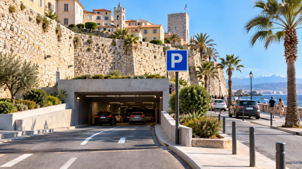 Entrance to an underground car park below stone ramparts, with a P sign and palm trees