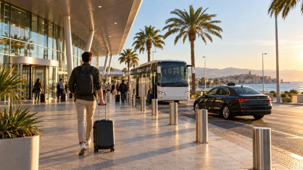 Traveler with a suitcase outside a seaside airport terminal, regional bus and taxi in the background